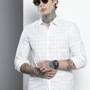 Men's White Slim Fit Checked Party Wear Shirt
