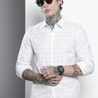 Men's White Slim Fit Checked Party Wear Shirt