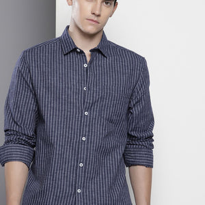 Men's Navy Blue Slim Fit Striped Casual Shirt