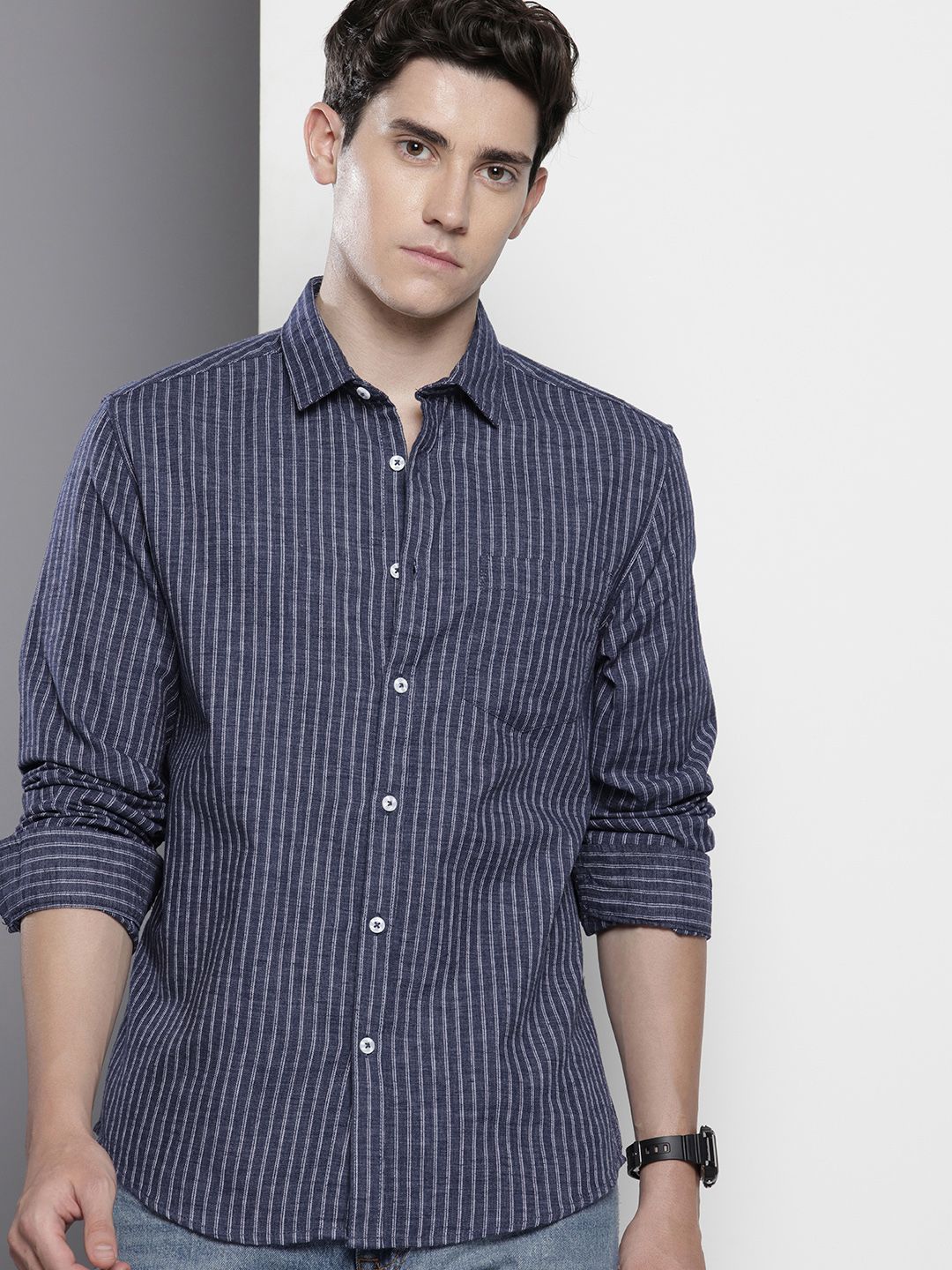 Men's Navy Blue Slim Fit Striped Casual Shirt