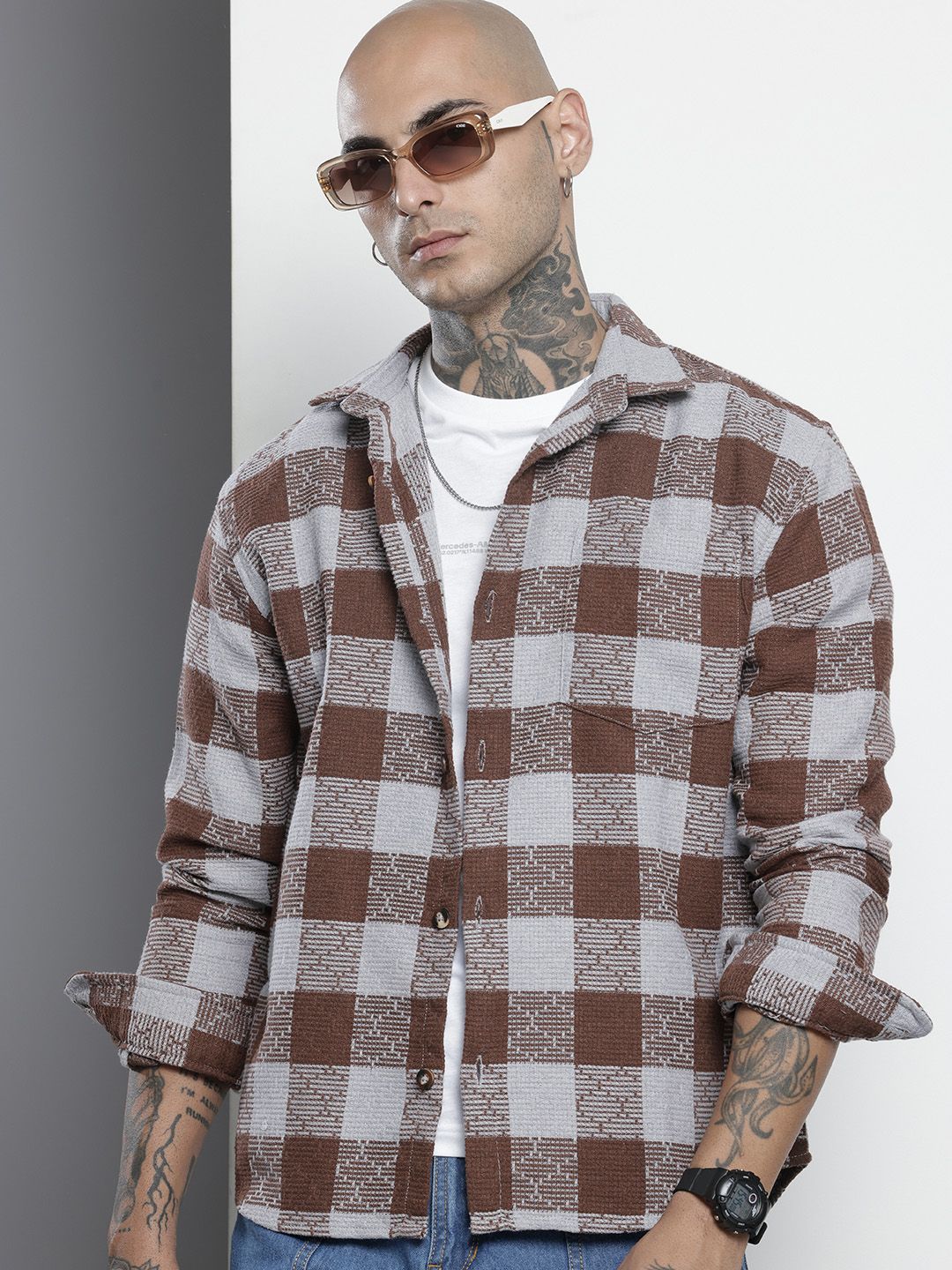 Men's Brown Relaxed Fit Checked Resort Wear Shirt
