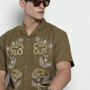 Men's Olive Relaxed Fit Solid Resort Wear Shirt