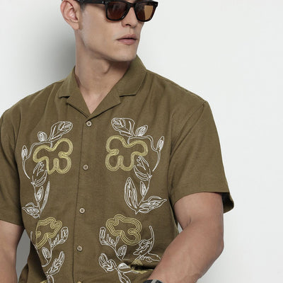 Men's Olive Relaxed Fit Solid Resort Wear Shirt