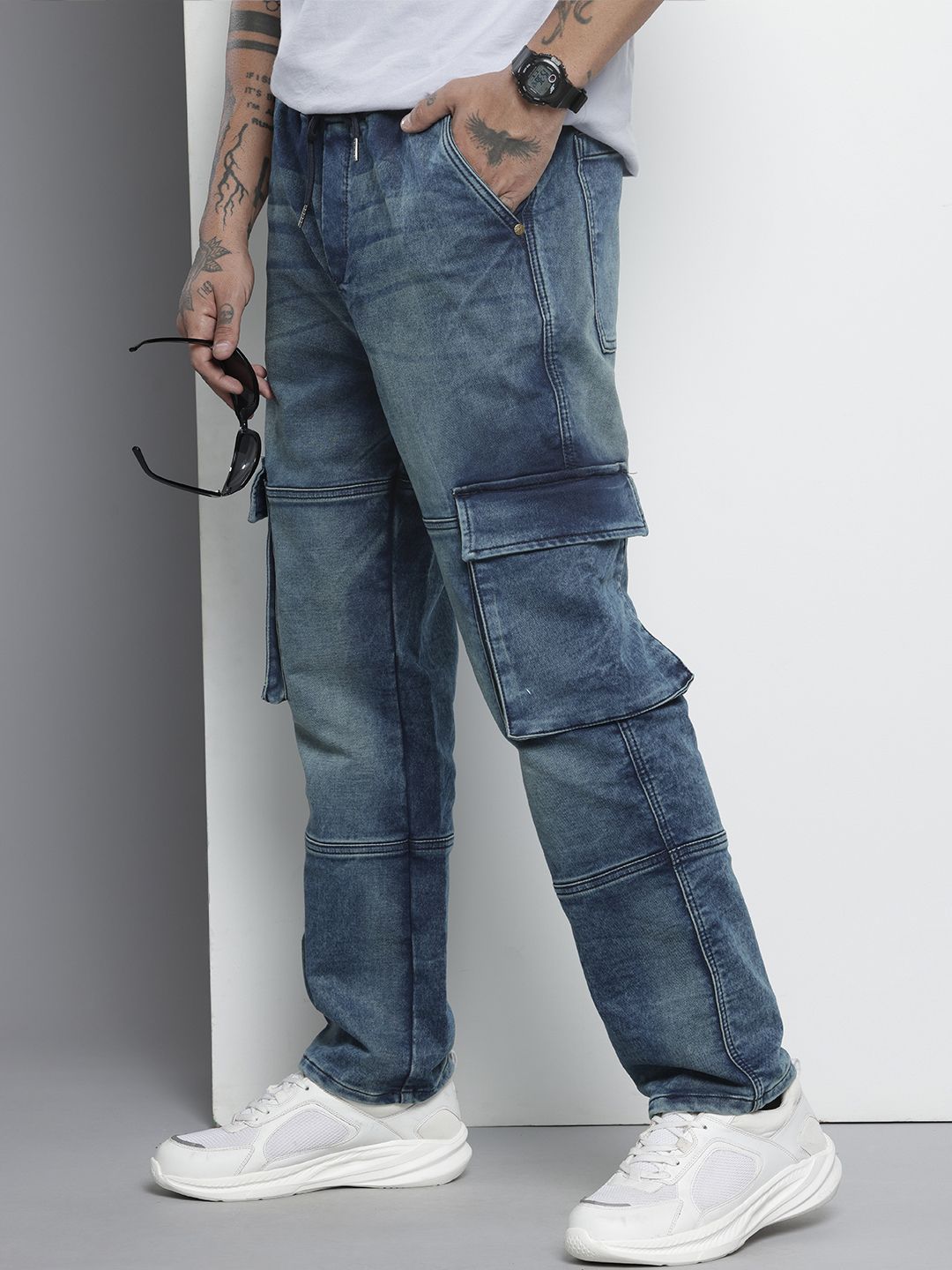 Men's Blue Relaxed Fit Solid Denim Joggers