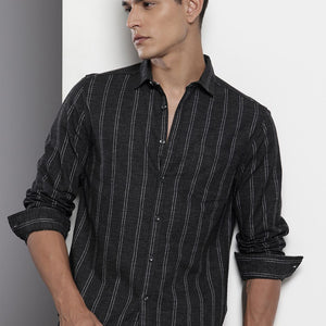 Men's Black Slim Fit Striped Casual Shirt