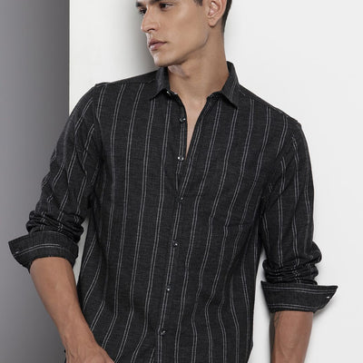 Men's Black Slim Fit Striped Casual Shirt