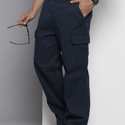 Men's Navy Blue Relaxed Fit Geometric Print Cargos