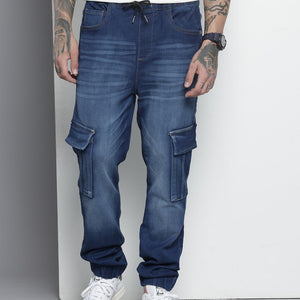 Men's Blue Regular Fit Solid Stretchable Denim Cargo Joggers