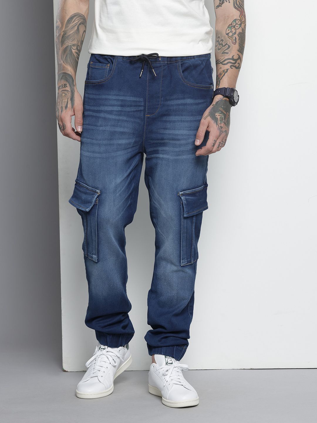Men's Blue Regular Fit Solid Stretchable Denim Cargo Joggers
