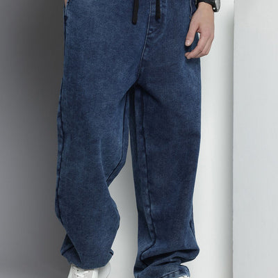 Men's Blue Barrel Loose Solid Denim Joggers