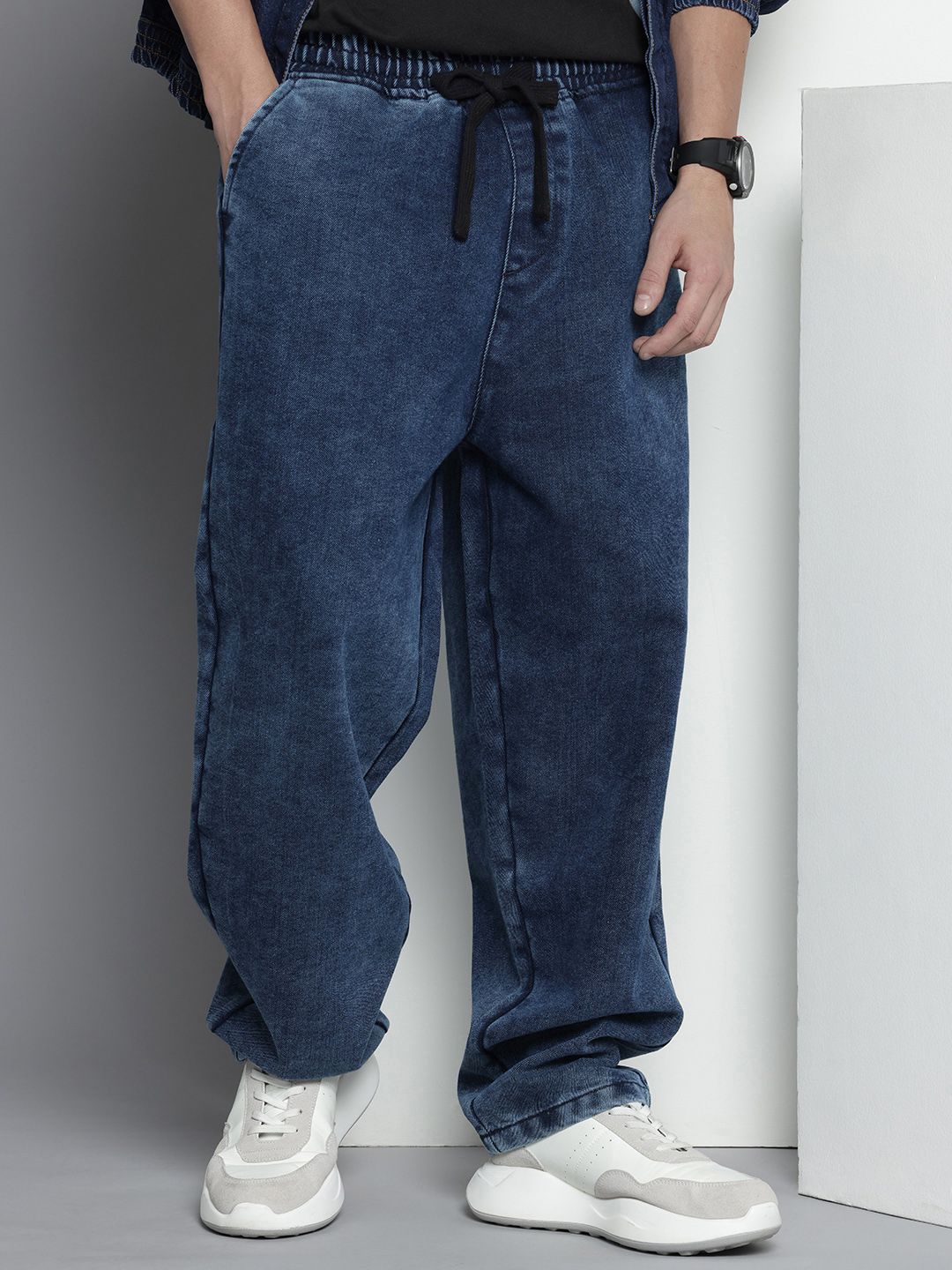 Men's Blue Barrel Loose Solid Denim Joggers