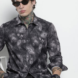Men's Black Slim Fit Abstract Print Party Wear Shirt