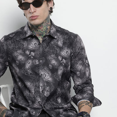Men's Black Slim Fit Abstract Print Party Wear Shirt