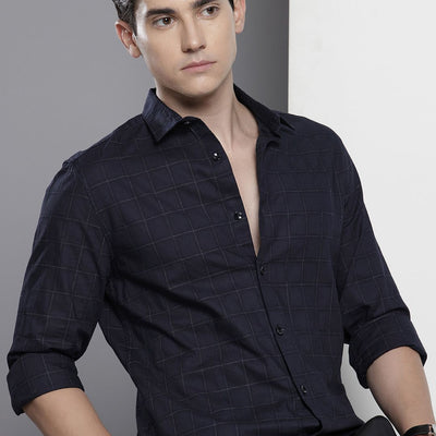 Men's Navy Blue Slim Fit Checked Party Wear Shirt