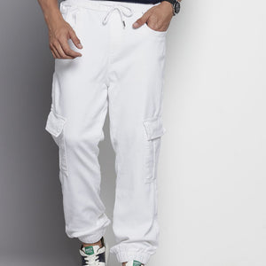 Men's White Regular Fit Solid Stretchable Denim Cargo Joggers