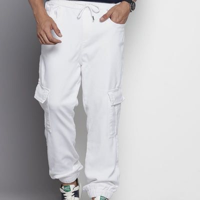 Men's White Regular Fit Solid Stretchable Denim Cargo Joggers
