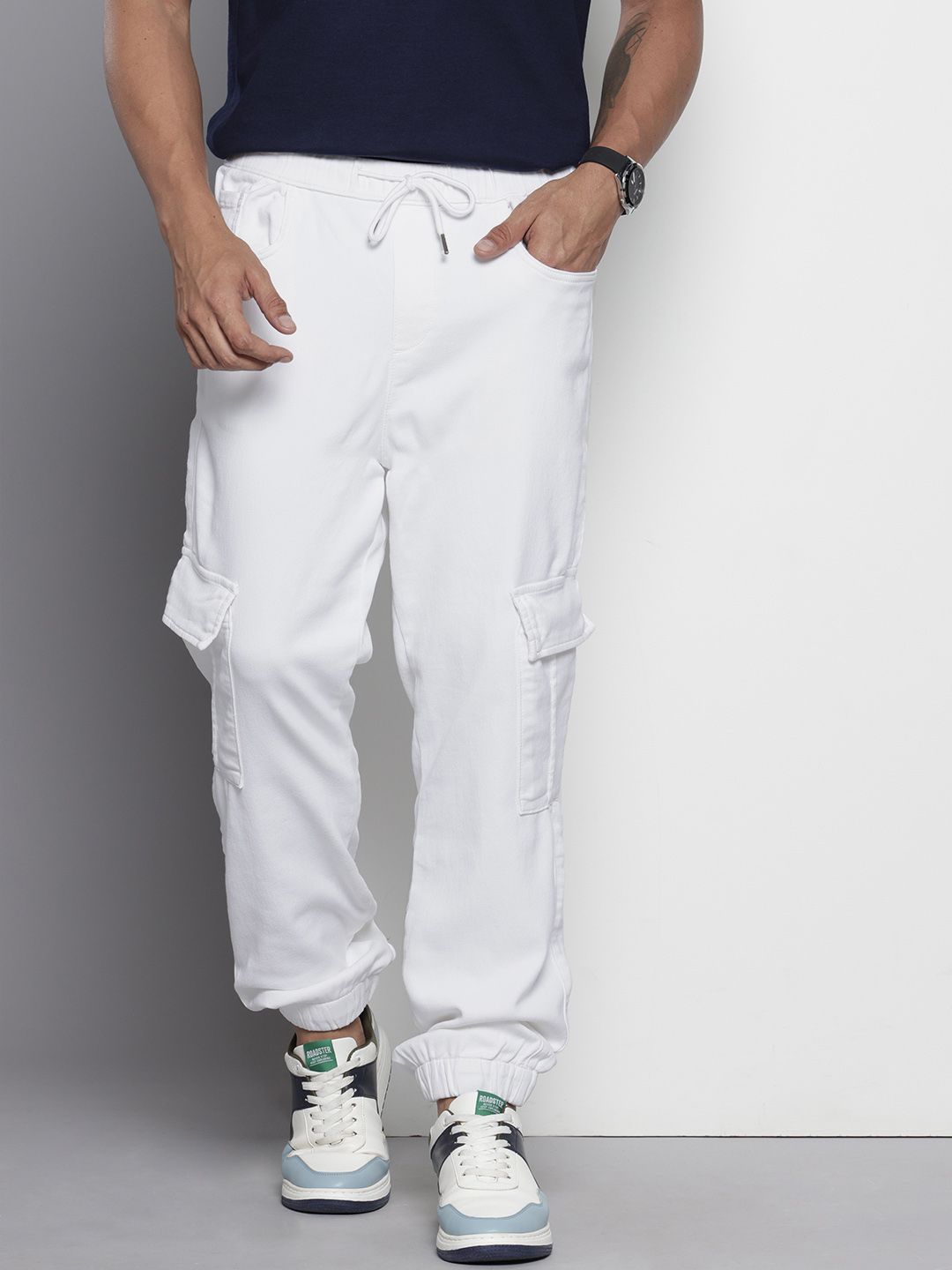 Men's White Regular Fit Solid Stretchable Denim Cargo Joggers