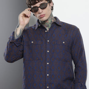 Men's Navy Blue Relaxed Fit Textured Resort Wear Shirt