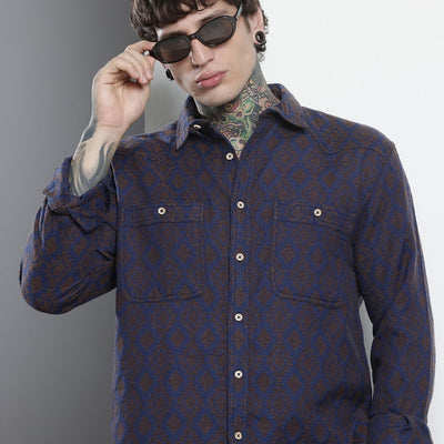 Men's Navy Blue Relaxed Fit Textured Resort Wear Shirt