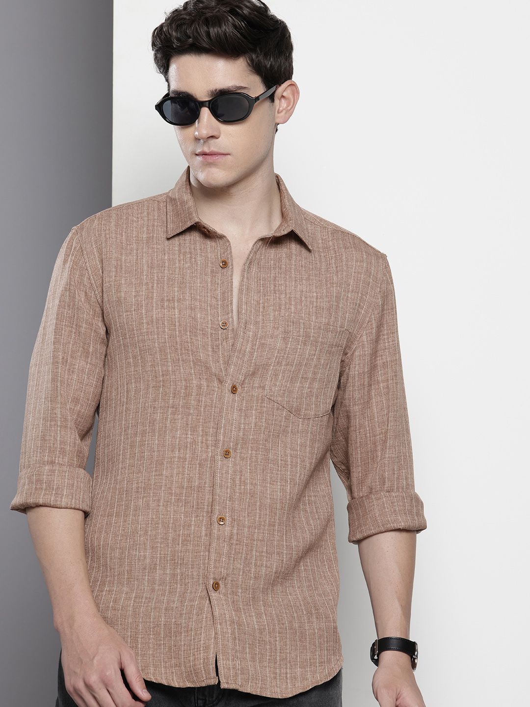 Men's Brown Slim Fit Striped Casual Shirt