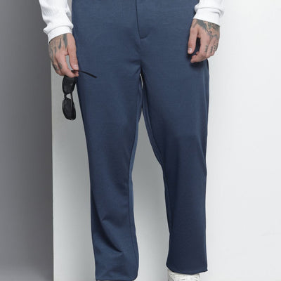 Men's Blue Regular Fit Solid Chinos