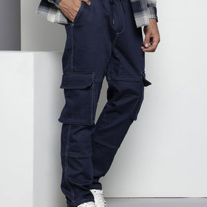 Men's Blue Relaxed Fit Solid Stretchable Denim Cargo Joggers