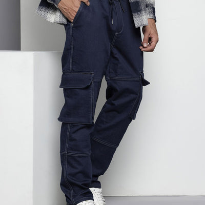 Men's Blue Relaxed Fit Solid Stretchable Denim Cargo Joggers