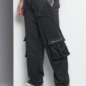 Men's Black Relaxed Fit Textured Wide Leg Cargo Joggers