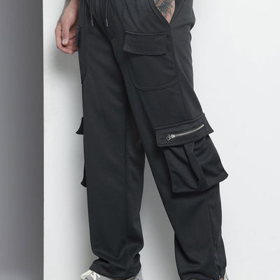 Men's Black Relaxed Fit Textured Wide Leg Cargo Joggers