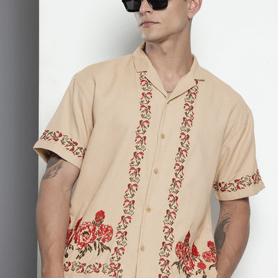 Men's Khaki Relaxed Fit Solid Resort Wear Shirt