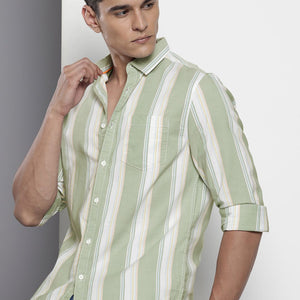 Men's Green Slim Fit Striped Casual Shirt