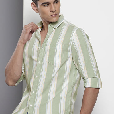 Men's Green Slim Fit Striped Casual Shirt