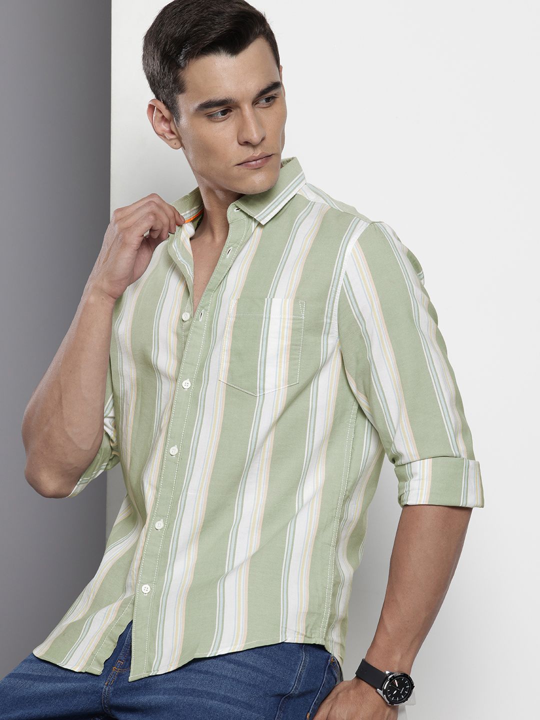Men's Green Slim Fit Striped Casual Shirt