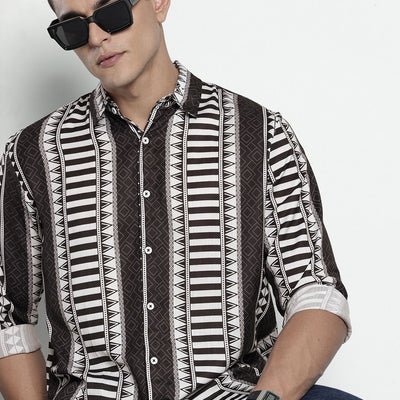 Men's Black Relaxed Fit Aztec Printed Resort Wear Shirt