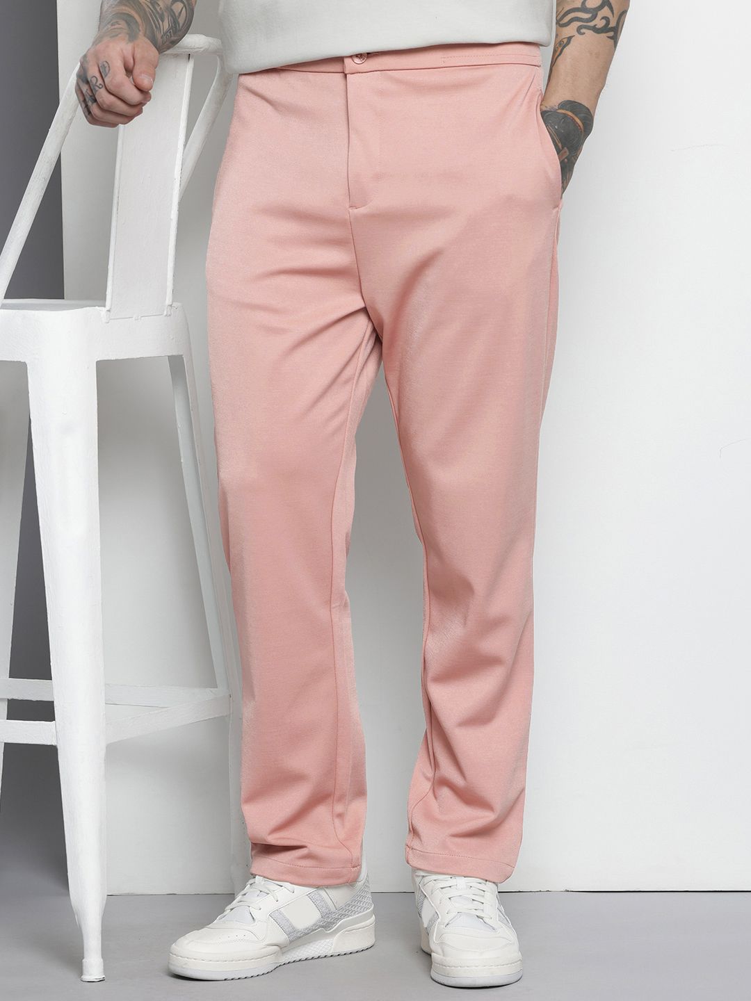 Men's Pink Relaxed Fit Solid Chinos