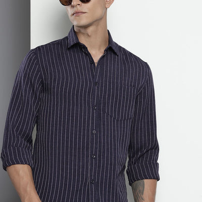 Men's Navy Blue Slim Fit Striped Casual Shirt