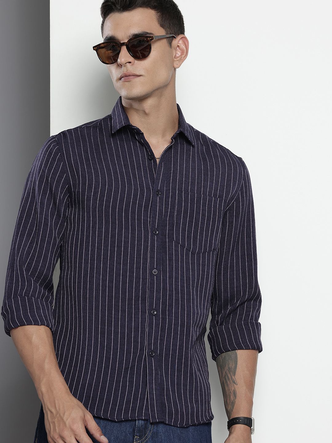 Men's Navy Blue Slim Fit Striped Casual Shirt