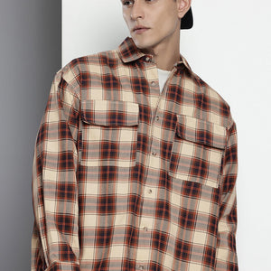 Men's Beige Oversized Checked Street Wear Shirt