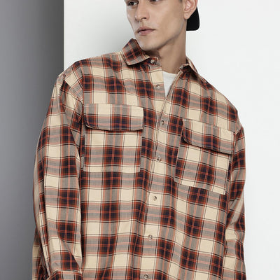 Men's Beige Oversized Checked Street Wear Shirt