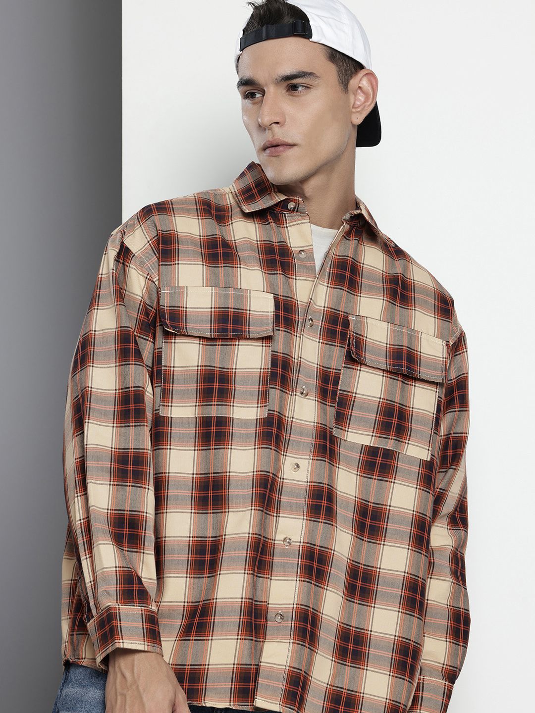Men's Beige Oversized Checked Street Wear Shirt
