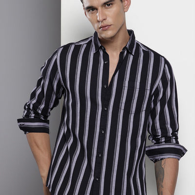 Men's Black Slim Fit Striped Casual Shirt