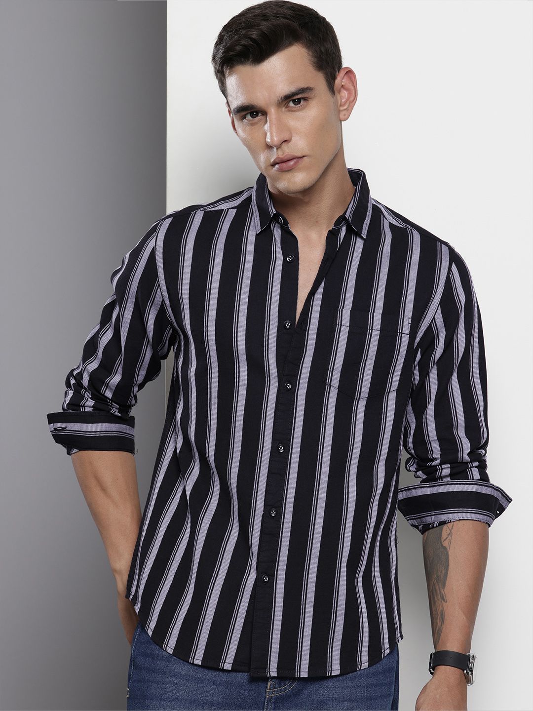Men's Black Slim Fit Striped Casual Shirt