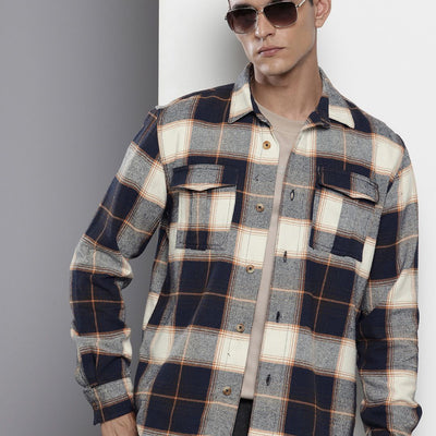 Men's Navy Blue Regular Fit Checked Casual Shirt