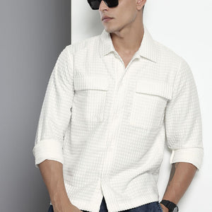 Men's White Regular Fit Textured Resort Wear Shirt