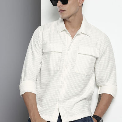Men's White Regular Fit Textured Resort Wear Shirt