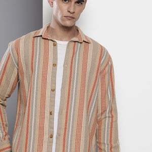 Men's Brown Relaxed Fit Striped Resort Wear Shirt