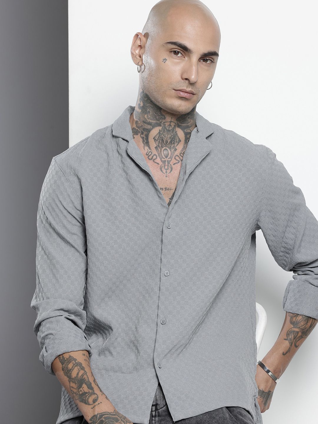 Men's Grey Relaxed Fit Solid Resort Wear Shirt