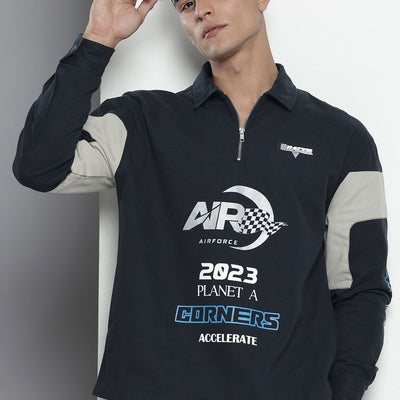 Men's Navy Blue Regular Fit Graphic Print Street Wear Overshirt