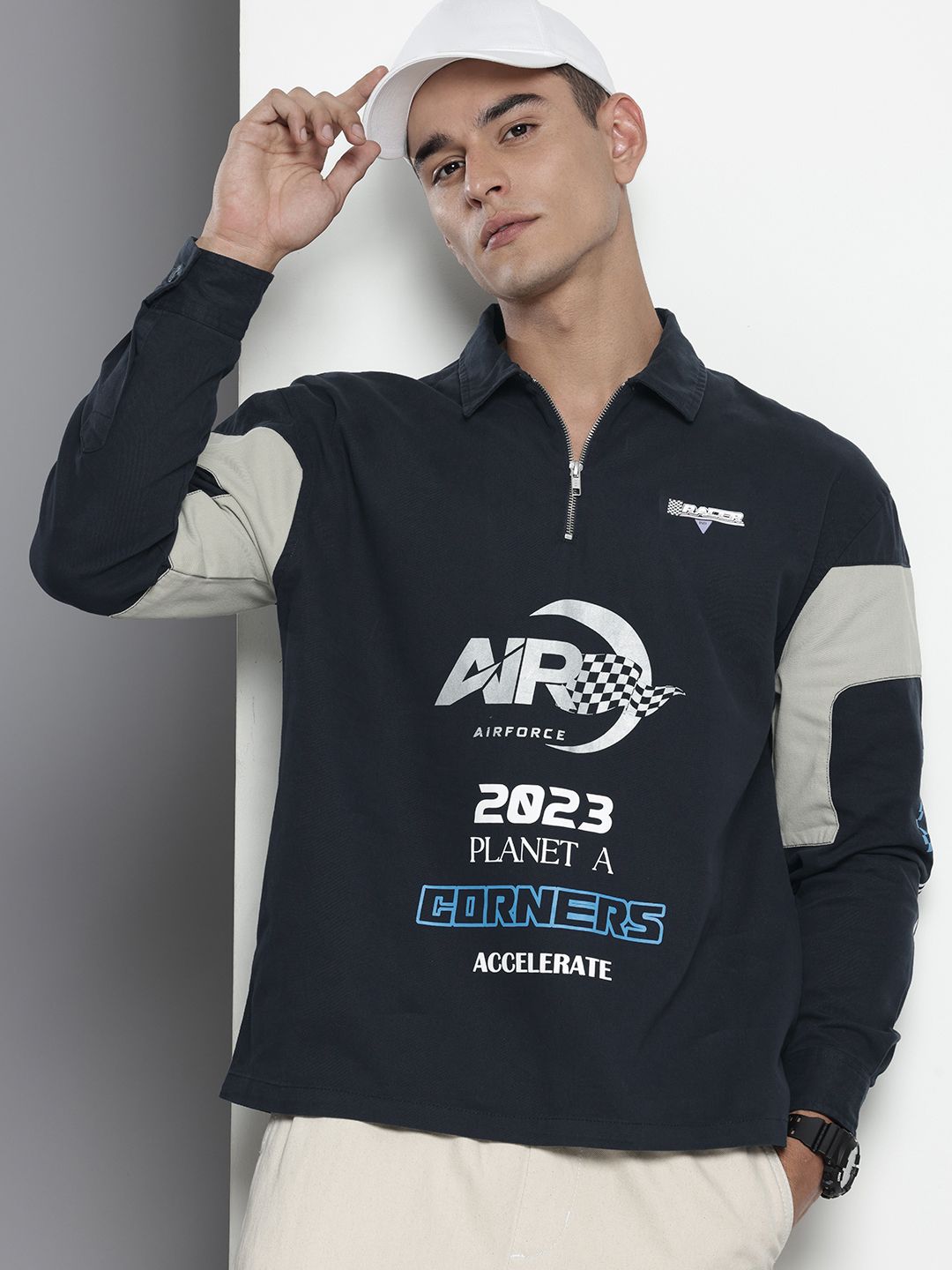 Men's Navy Blue Regular Fit Graphic Print Street Wear Overshirt