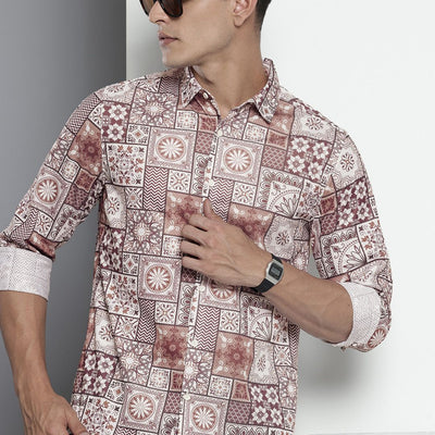 Men's Brown Regular Fit Indie Print Resort Wear Shirt